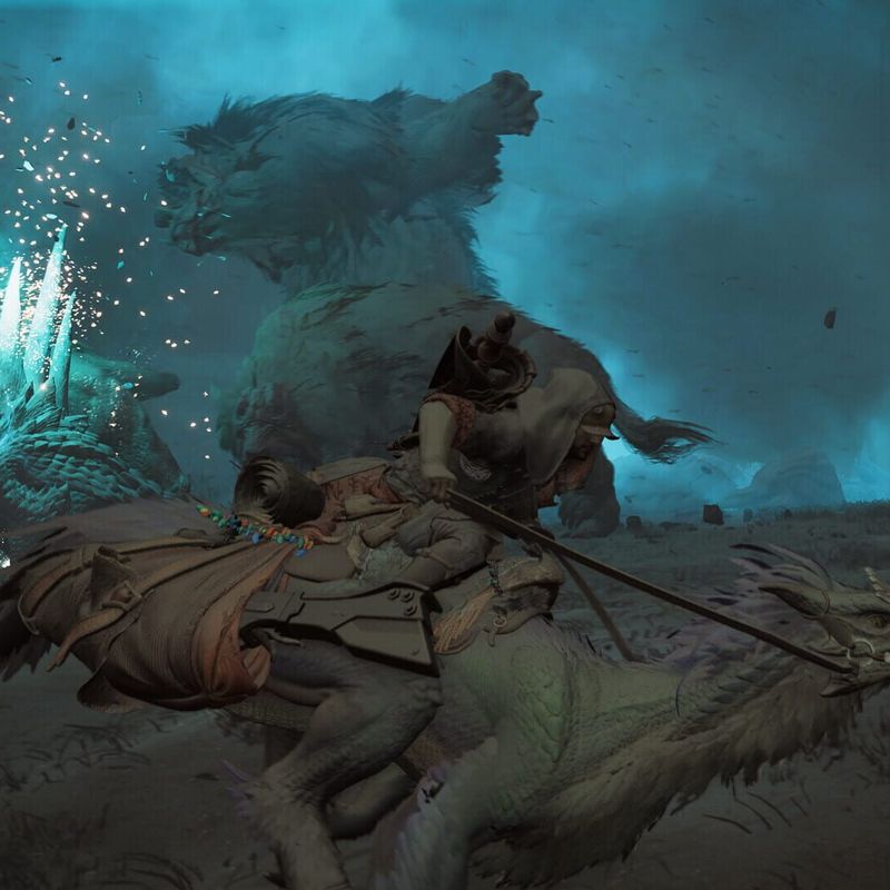 A hunter on a Seikret fleeing a monster wreathed in blue lightning at night