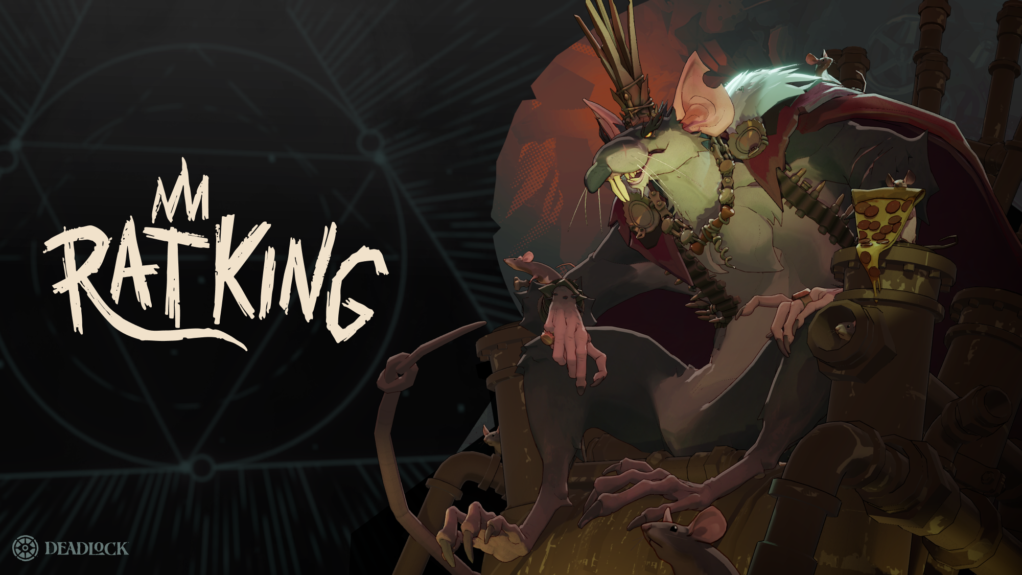 Valve's Rat King artwork: a giant rat in a crown and red cape seated on a throne of pipes