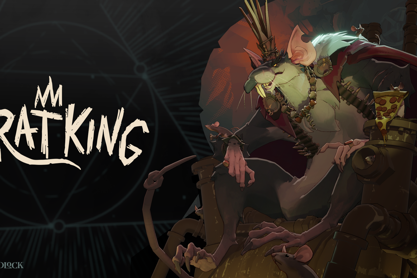 Valve's Rat King artwork: a giant rat in a crown and red cape seated on a throne of pipes