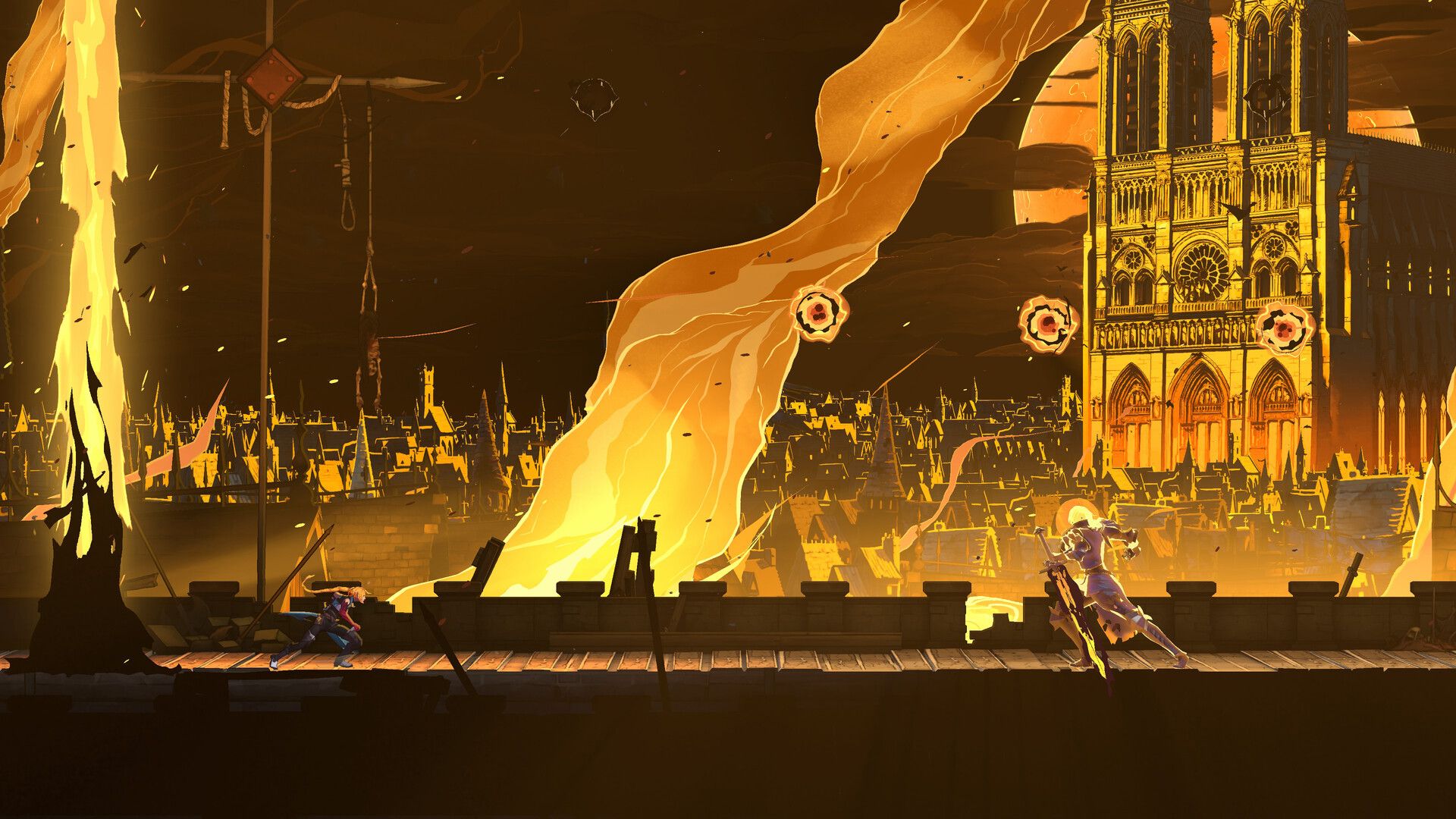 Rose Belmont stands on a rooftop as fire sweeps across 1499 Paris, with Notre-Dame burning in the background
