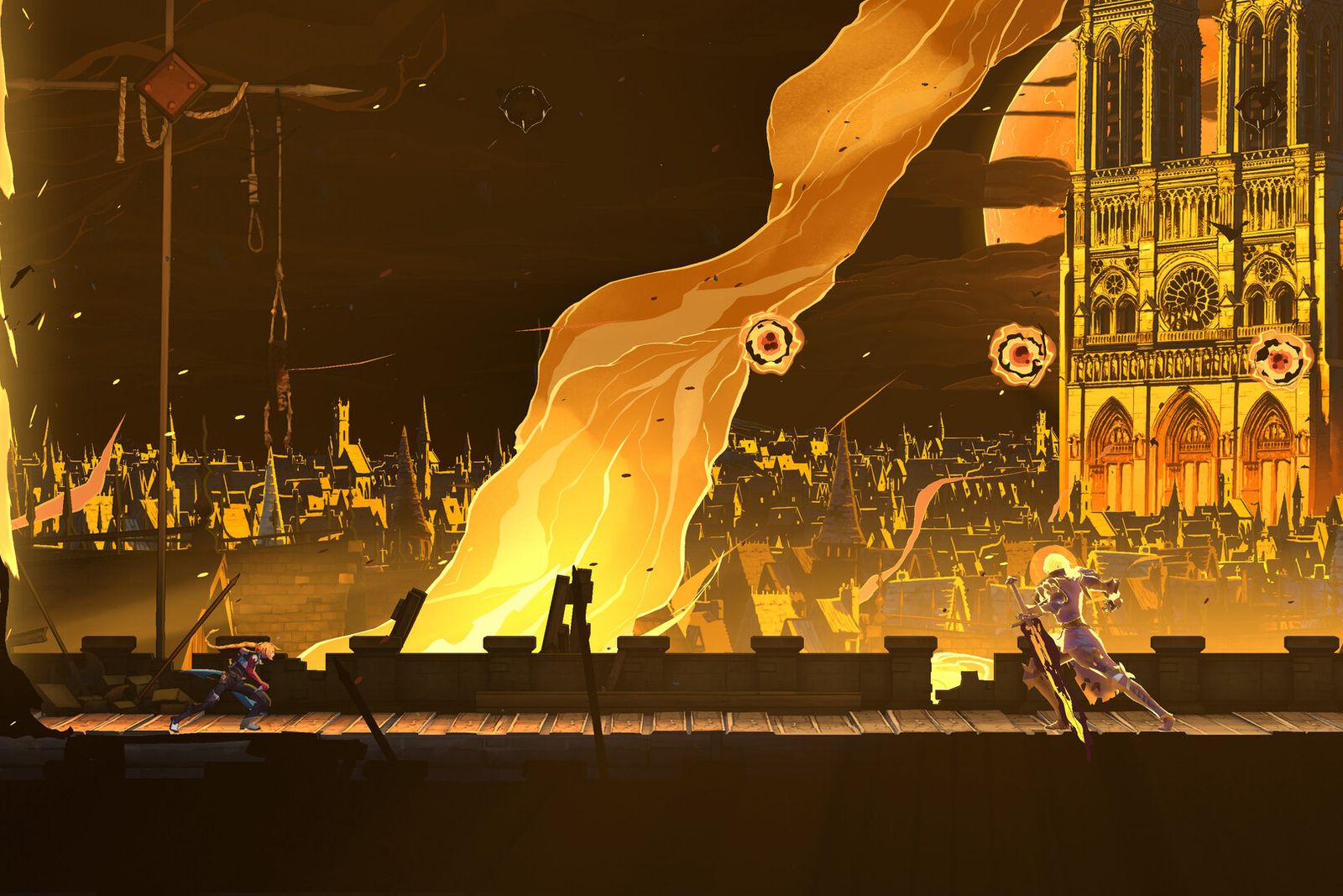 Rose Belmont stands on a rooftop as fire sweeps across 1499 Paris, with Notre-Dame burning in the background