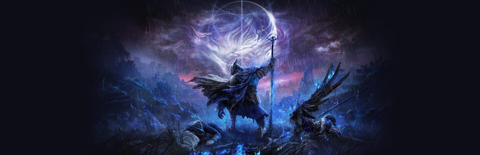 Wide Elden Ring Nightreign key art showing a knight standing over two fallen warriors under a spectral flame