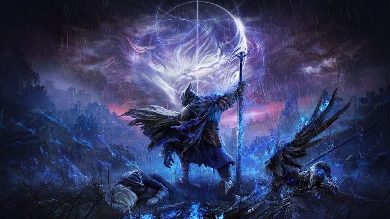 Wide Elden Ring Nightreign key art showing a knight standing over two fallen warriors under a spectral flame