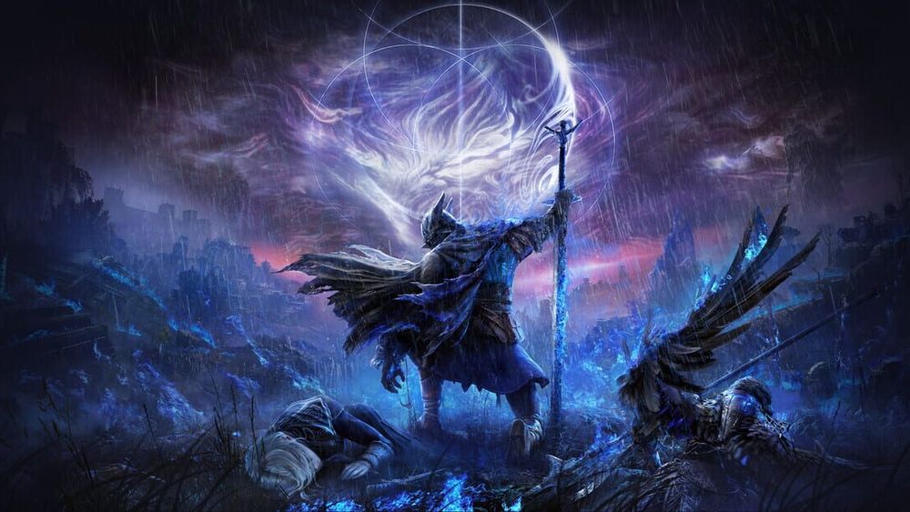 Wide Elden Ring Nightreign key art showing a knight standing over two fallen warriors under a spectral flame