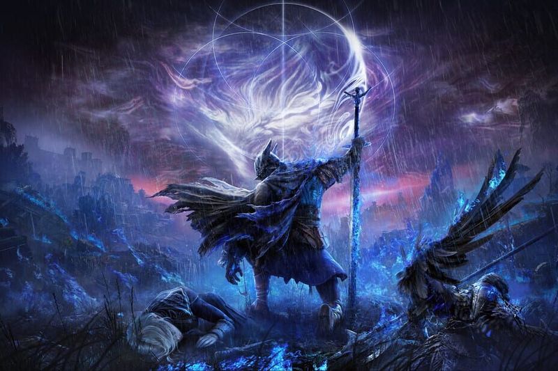 Wide Elden Ring Nightreign key art showing a knight standing over two fallen warriors under a spectral flame