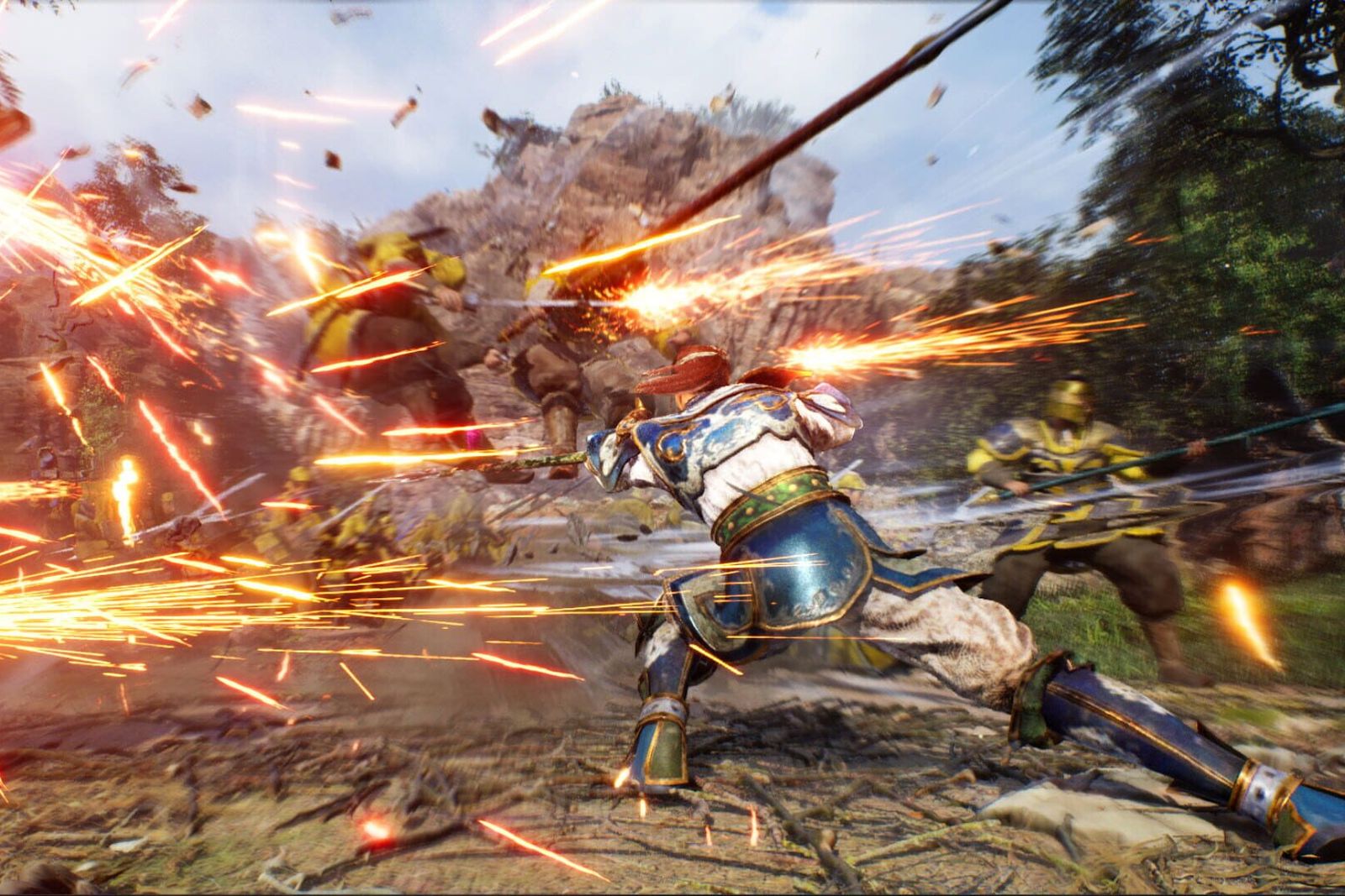 An armoured warrior lunges with a spear through a shower of sparks on a battlefield in Dynasty Warriors 3: Complete Edition Remastered