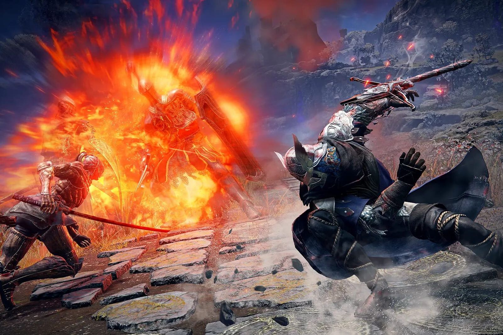 A Nightfarer lunges past a fire blast as armoured enemies are thrown back in Elden Ring Nightreign