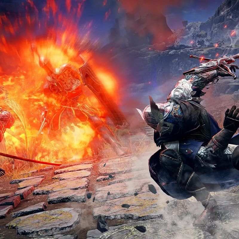 A Nightfarer lunges past a fire blast as armoured enemies are thrown back in Elden Ring Nightreign