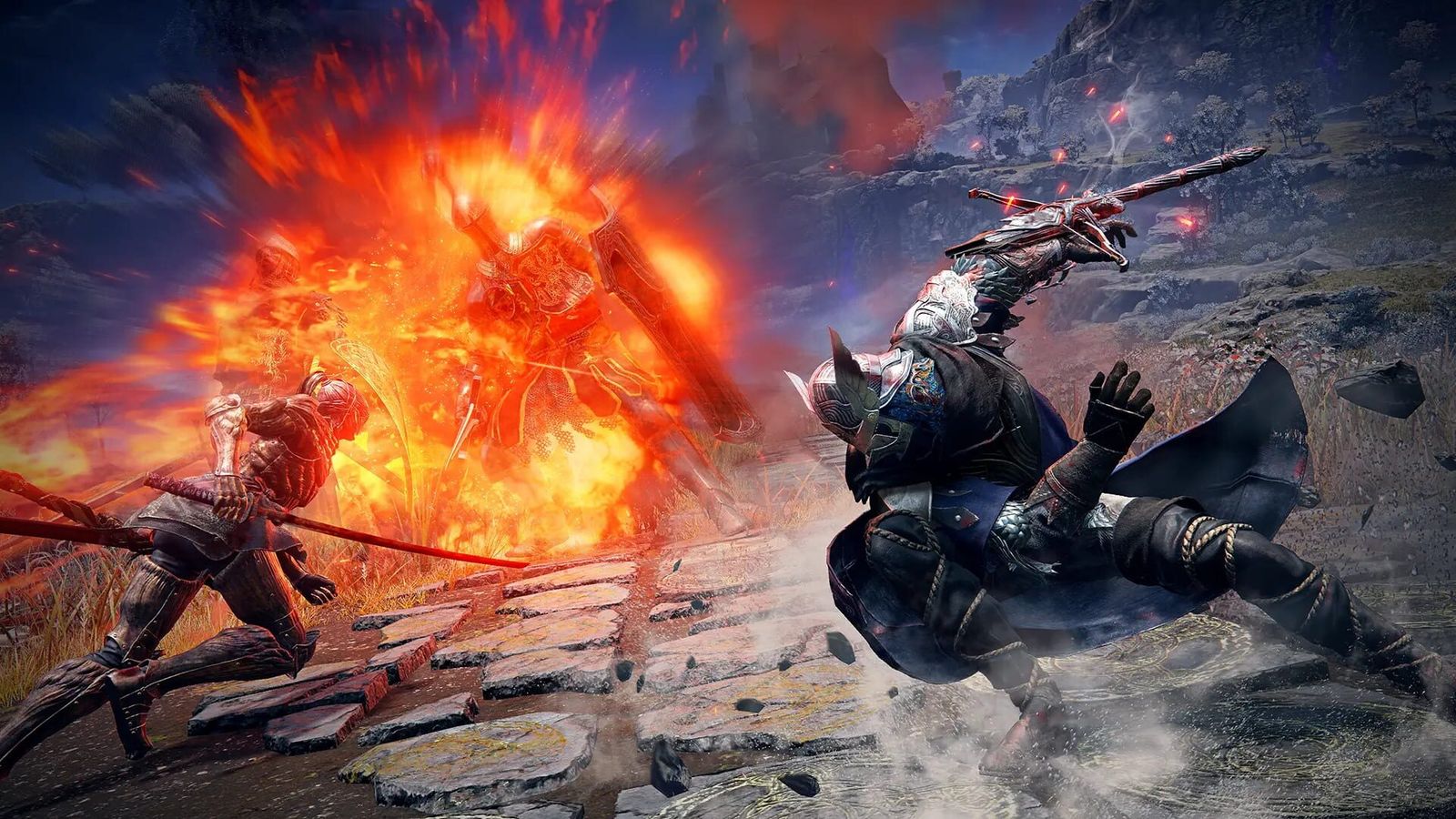 A Nightfarer lunges past a fire blast as armoured enemies are thrown back in Elden Ring Nightreign
