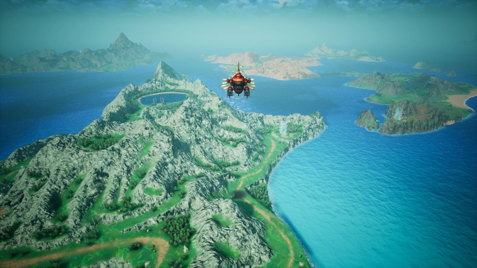An airship flying over a green island and the sea on the HD-2D world map