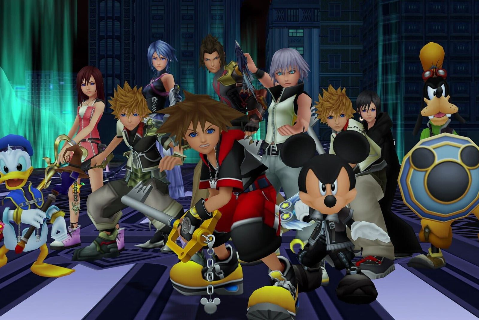 Sora, Donald, Goofy, Mickey and other Kingdom Hearts heroes stand together on a stained-glass platform