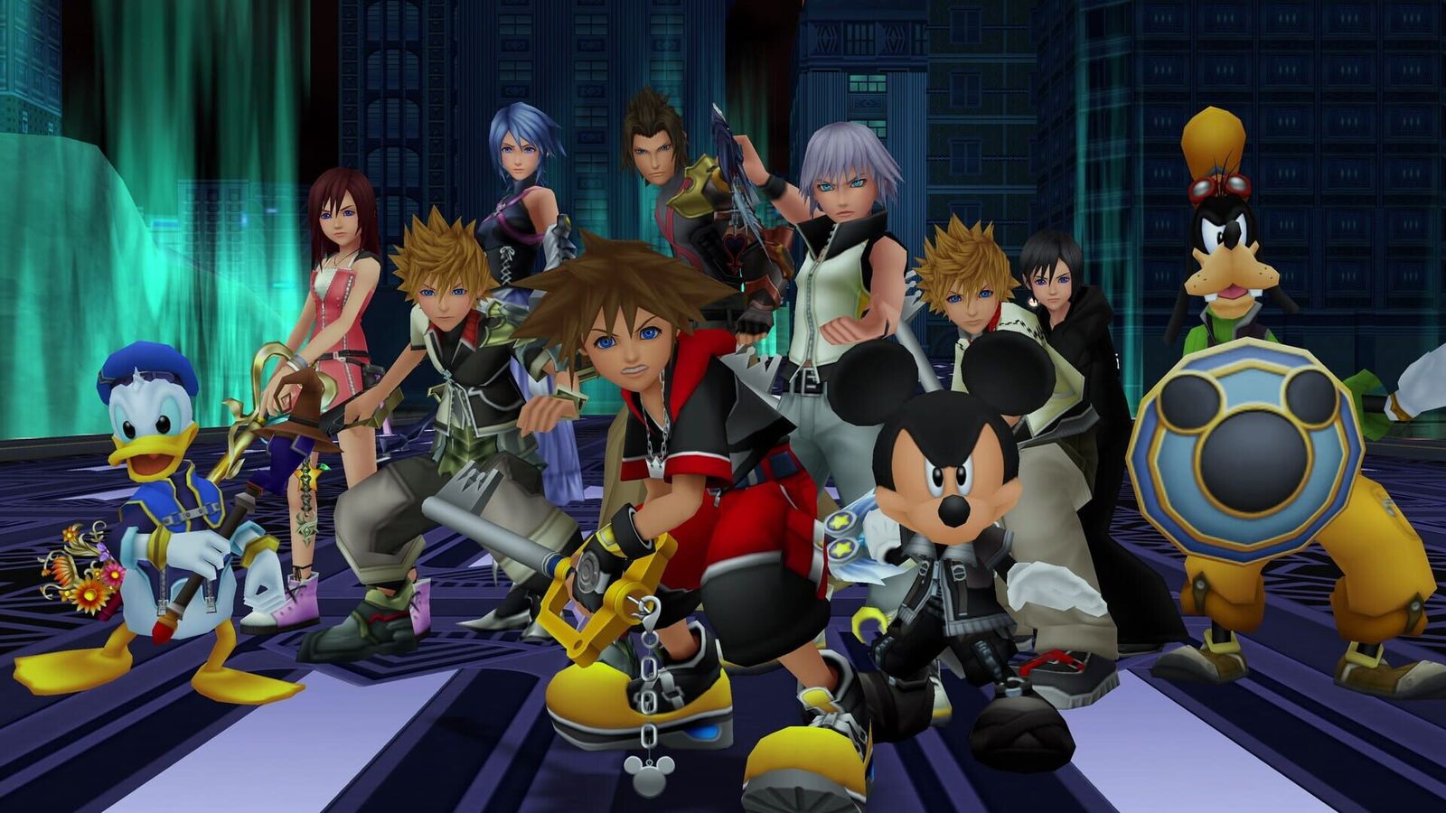 Sora, Donald, Goofy, Mickey and other Kingdom Hearts heroes stand together on a stained-glass platform