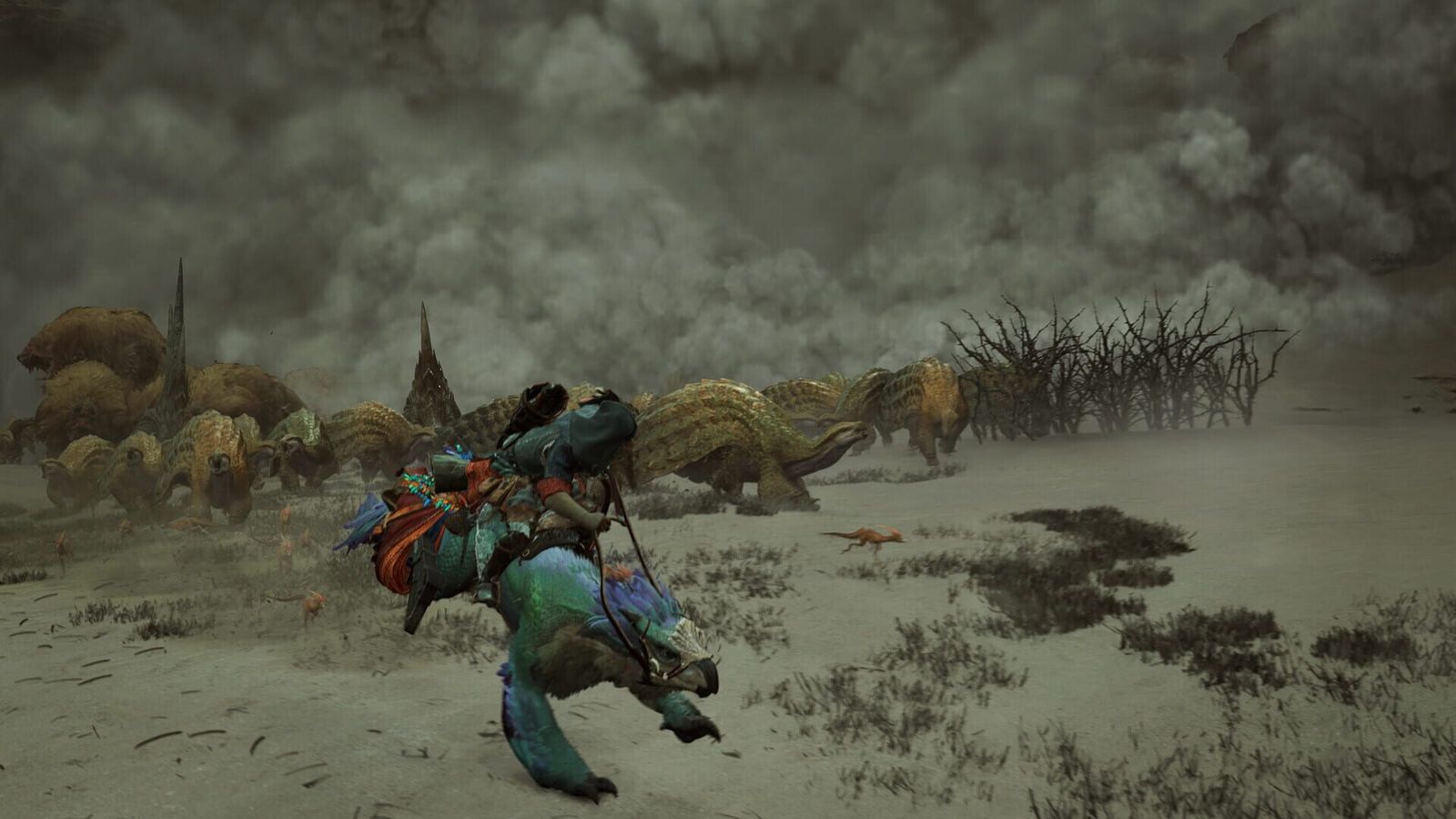 A hunter riding through a dust storm with a herd dimly visible ahead