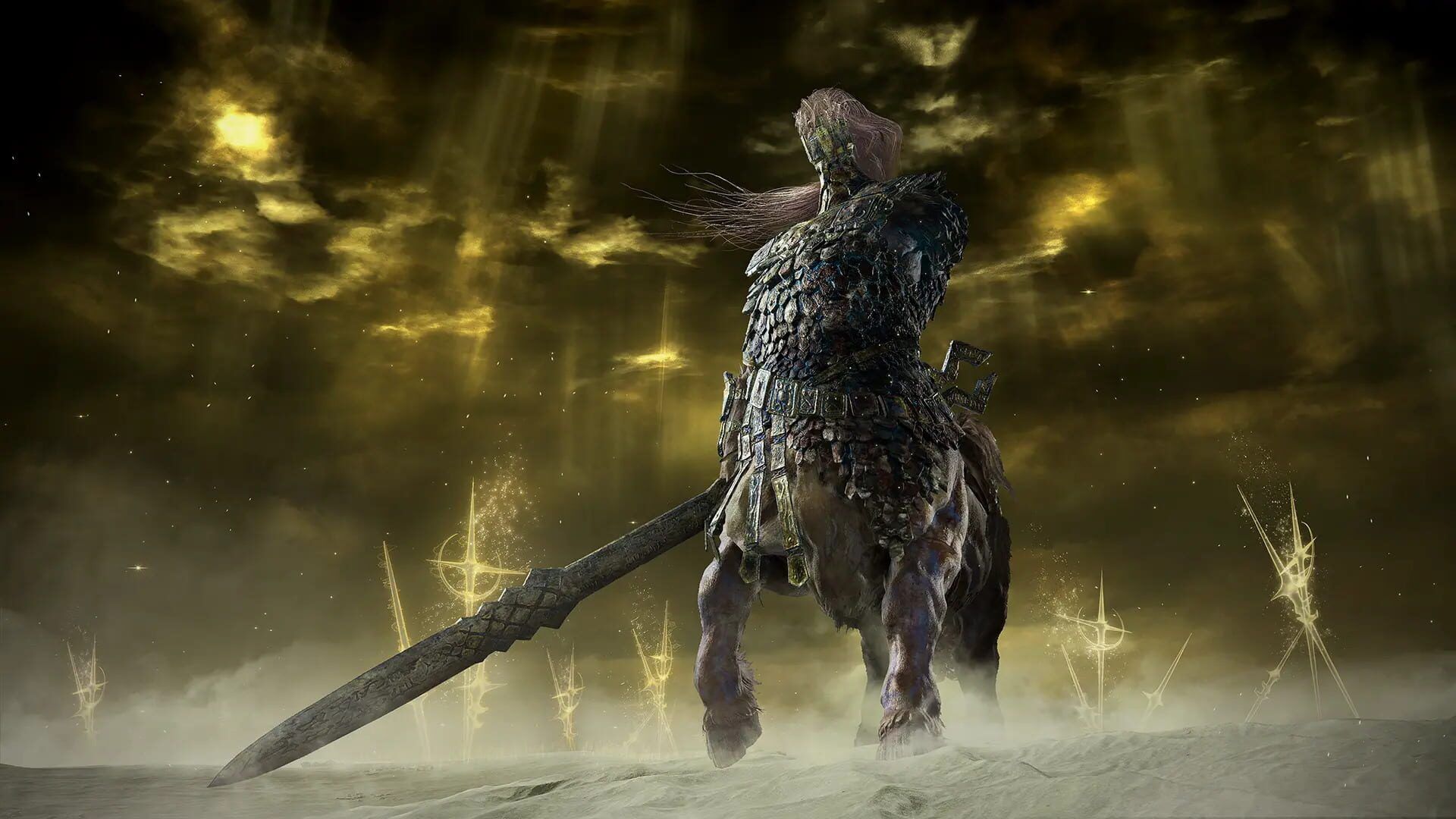 A centaur-like Nightlord stands in golden light surrounded by runic sigils in Elden Ring Nightreign