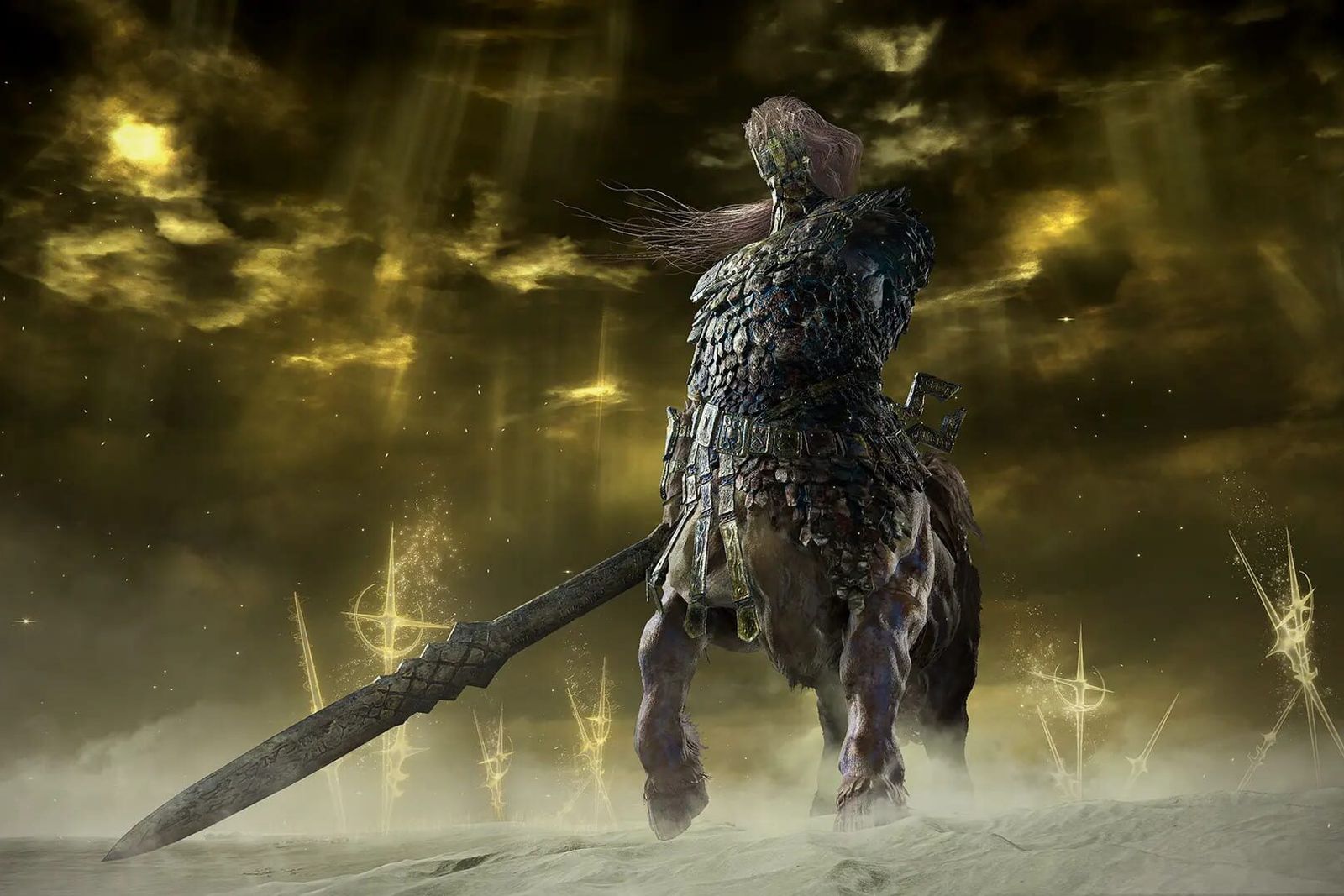 A centaur-like Nightlord stands in golden light surrounded by runic sigils in Elden Ring Nightreign