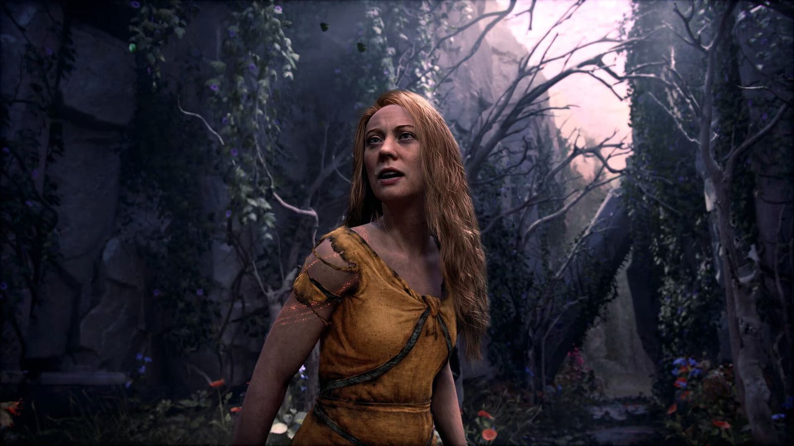 Faye, in a simple yellow dress, looks up while standing in a dark forest