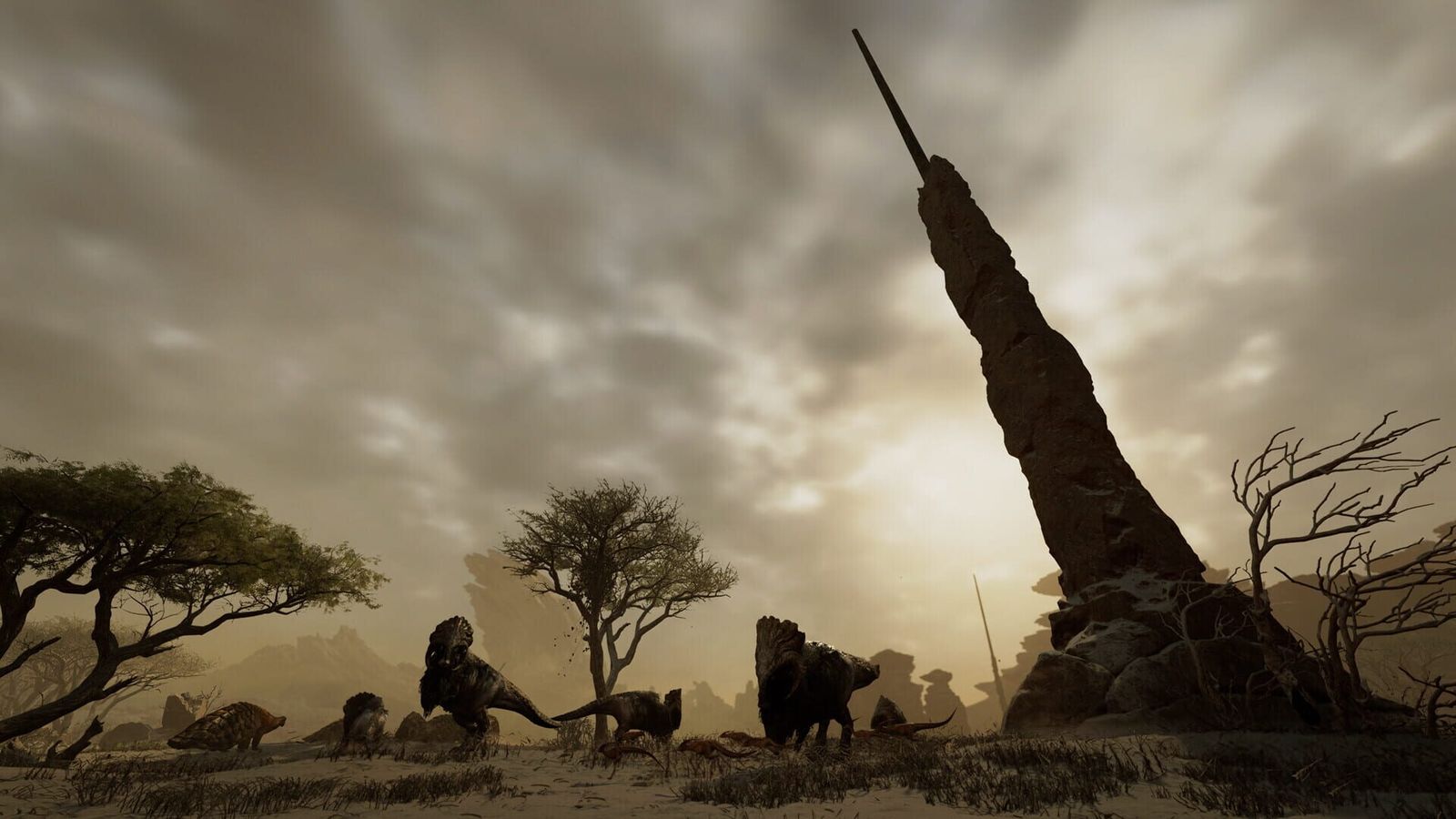 Silhouetted monster herd beneath a towering rock spire at dusk in Monster Hunter Wilds