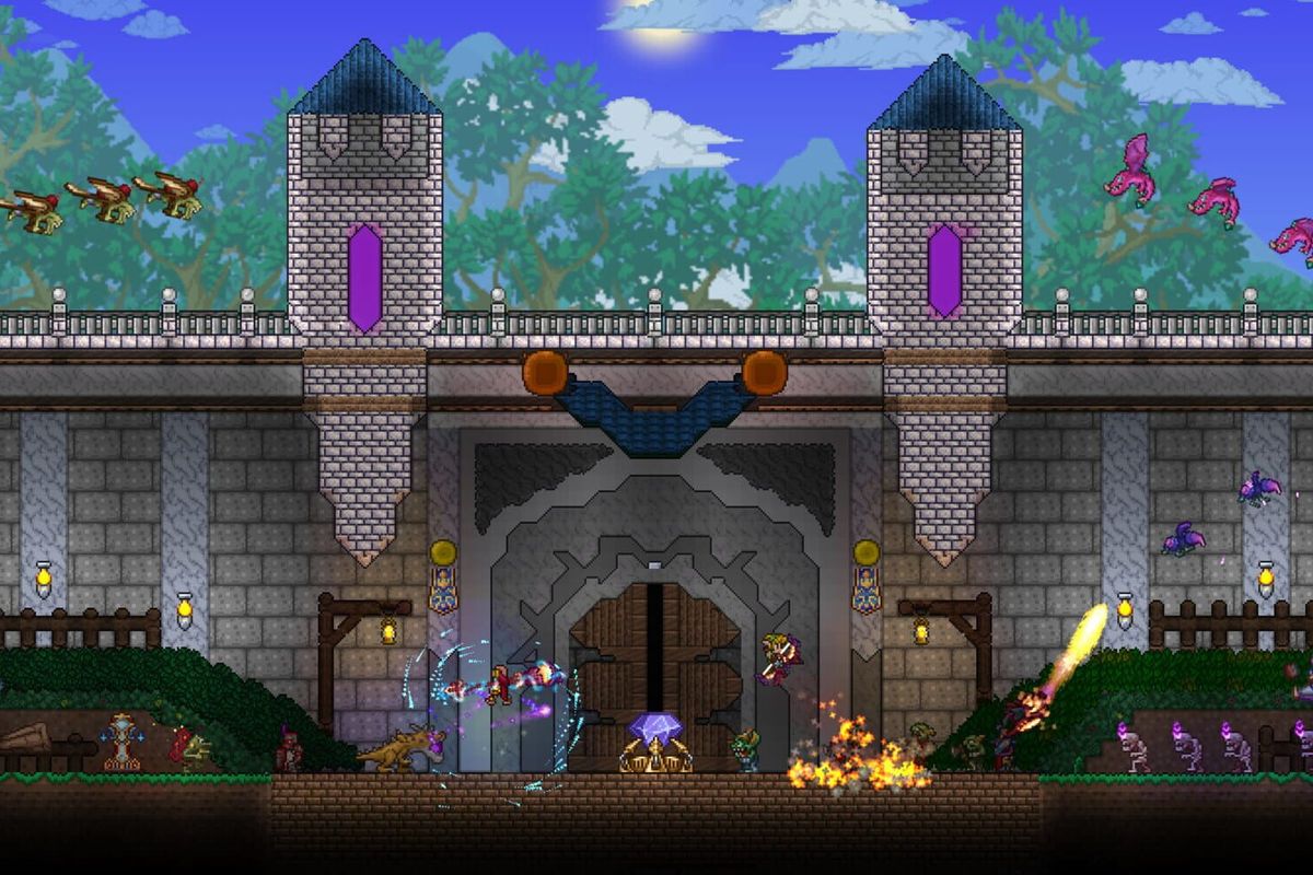 Player defending a stone fortress against flying enemies