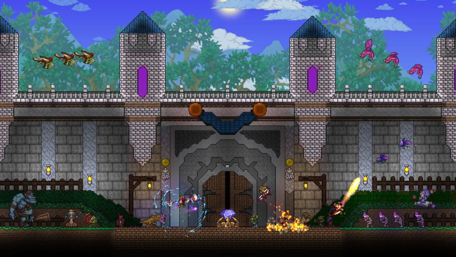 Player defending a stone fortress against flying enemies