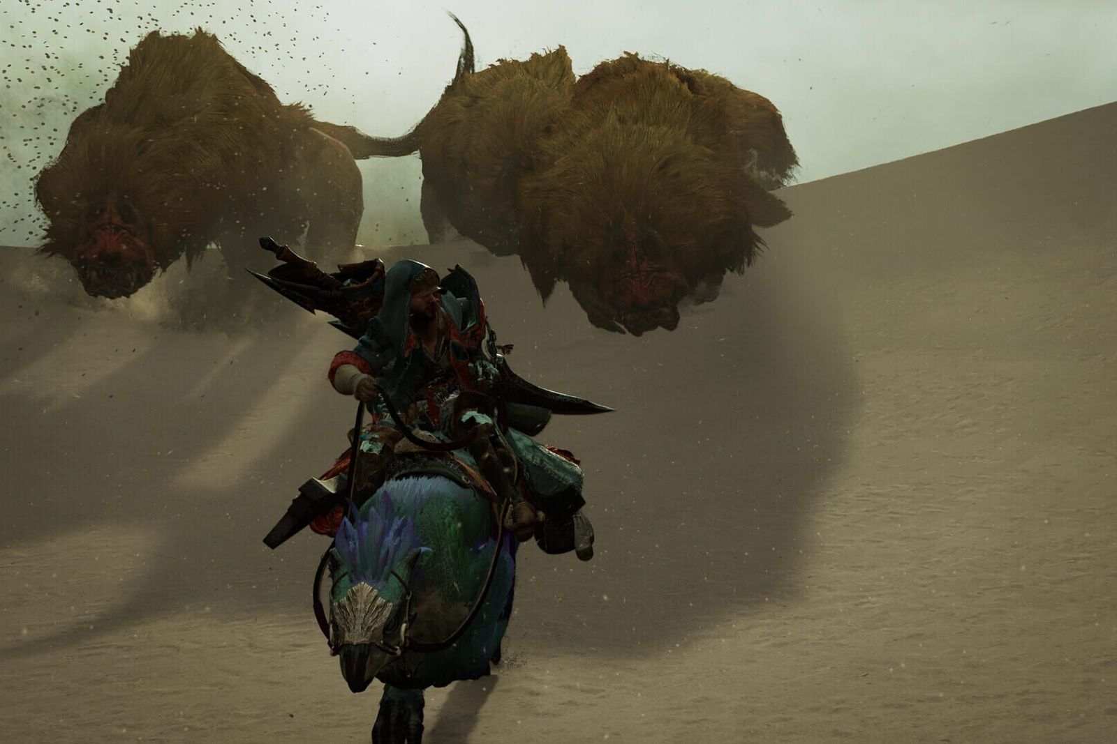 A hunter on a Seikret fleeing a pack of large furred monsters across the sand