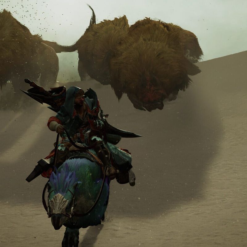 A hunter on a Seikret fleeing a pack of large furred monsters across the sand