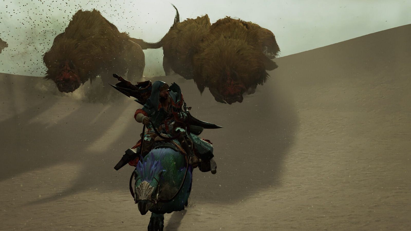 A hunter on a Seikret fleeing a pack of large furred monsters across the sand