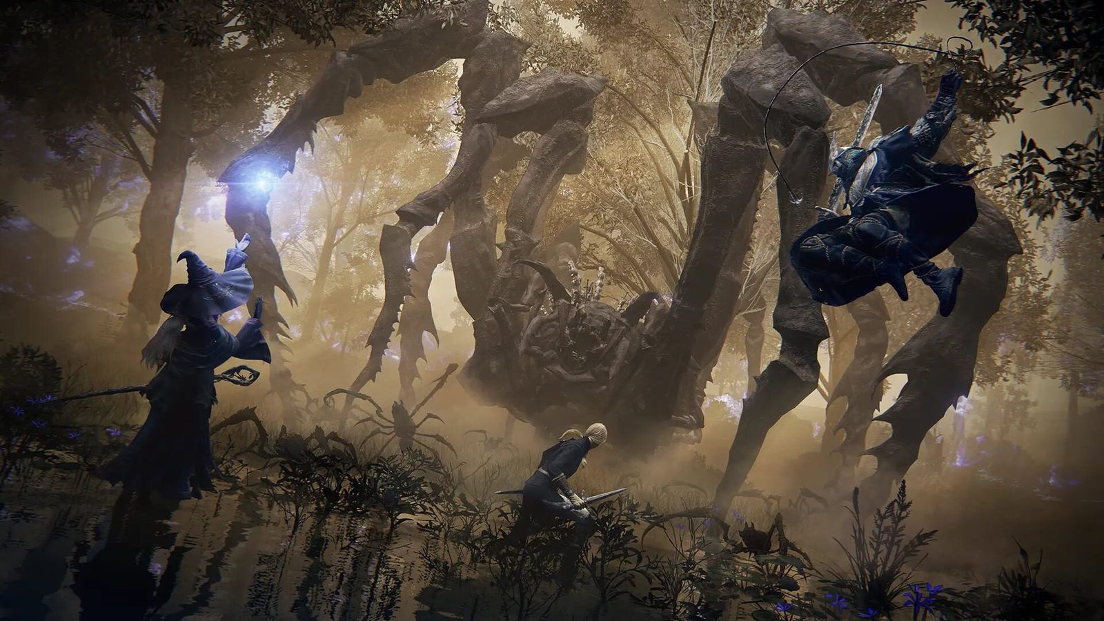 Three Nightfarers fight a giant arachnid boss in a golden wood in Elden Ring Nightreign