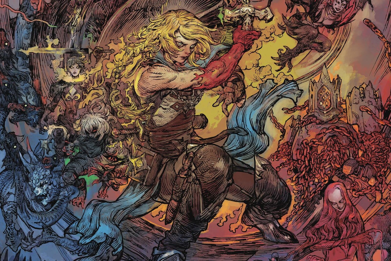 Castlevania: Belmont's Curse key art showing a blonde whip-wielding hunter surrounded by monsters