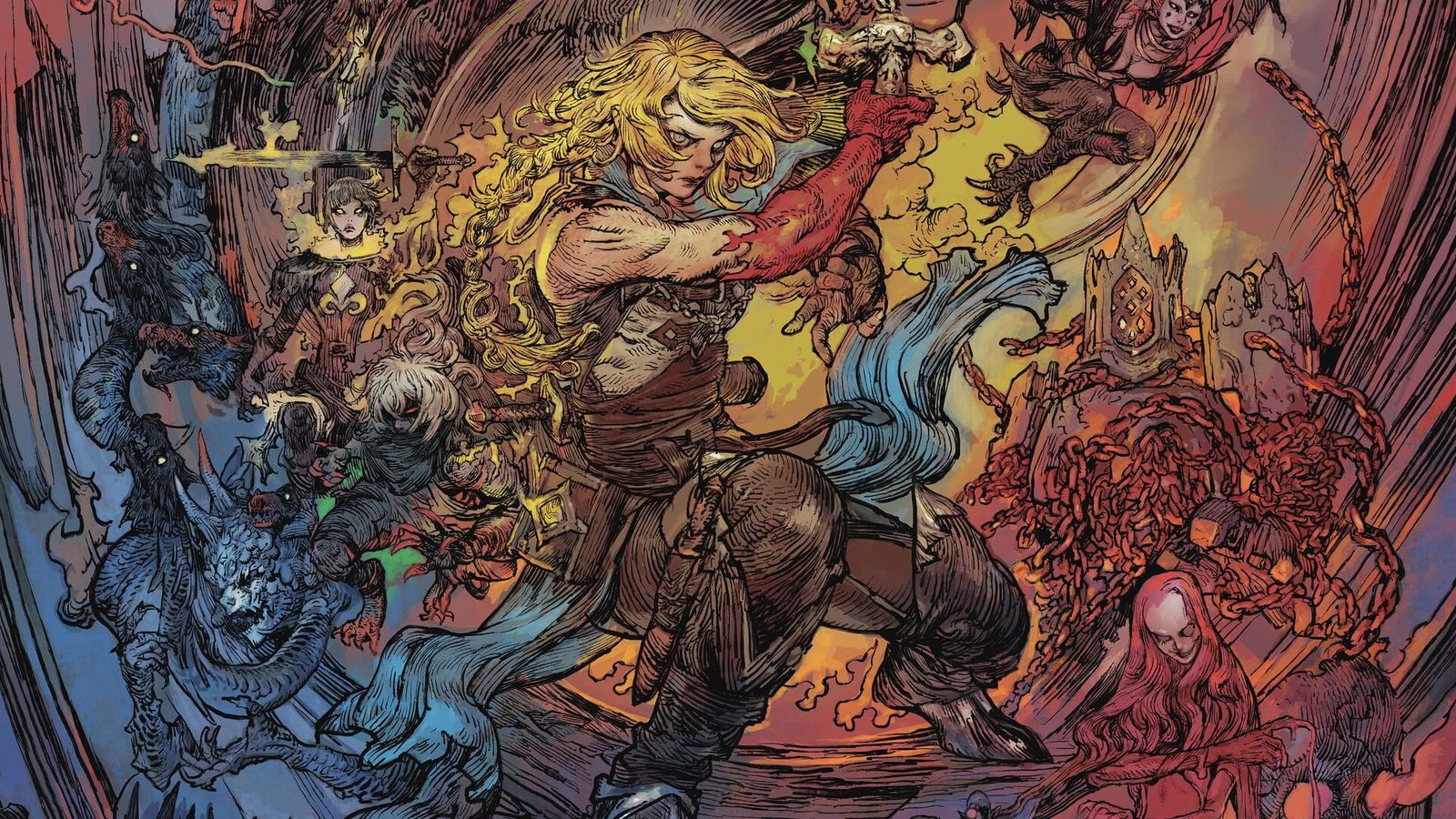 Castlevania: Belmont's Curse key art showing a blonde whip-wielding hunter surrounded by monsters