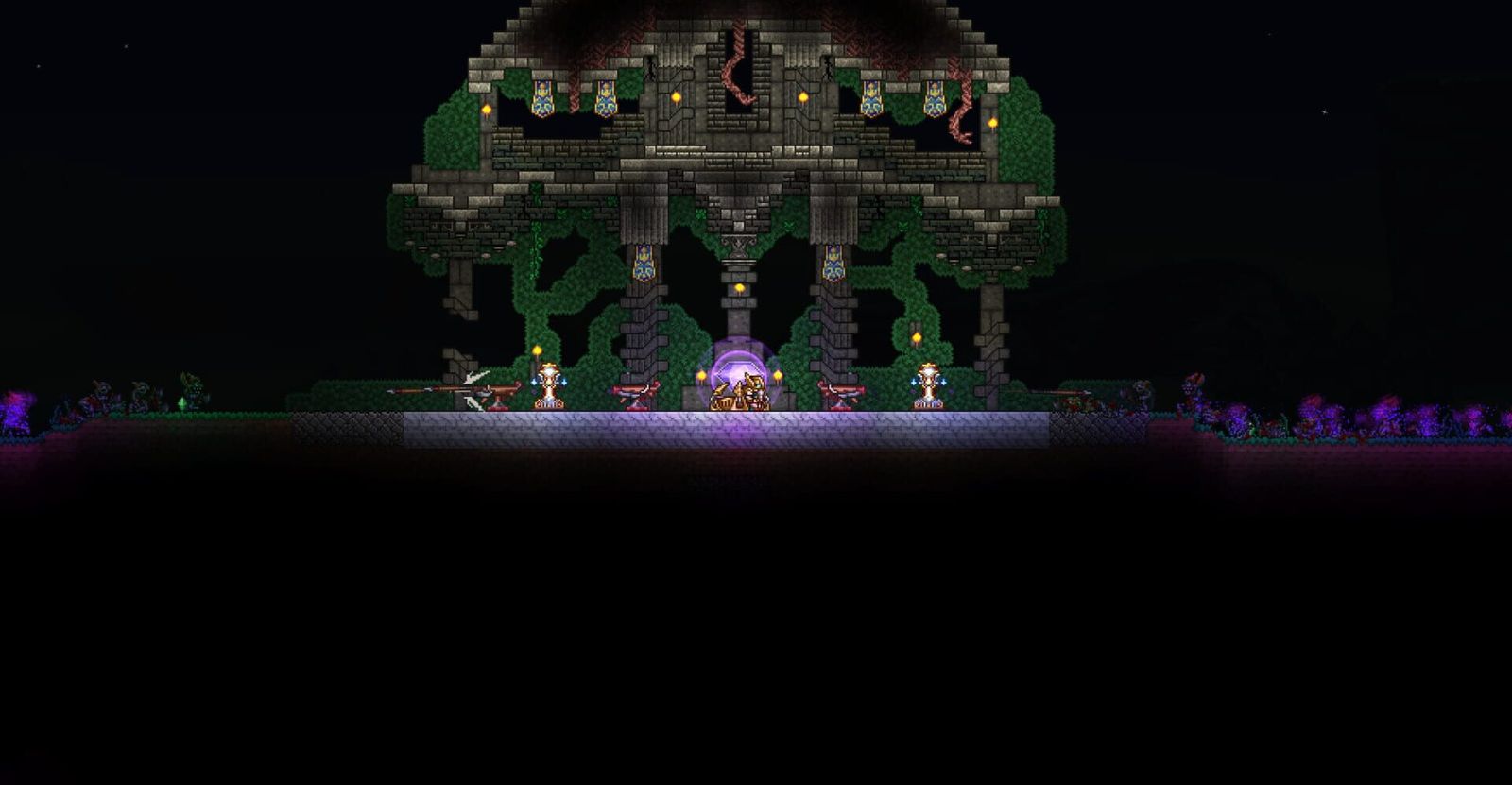 A purpose-built boss arena with enemies massing on both sides