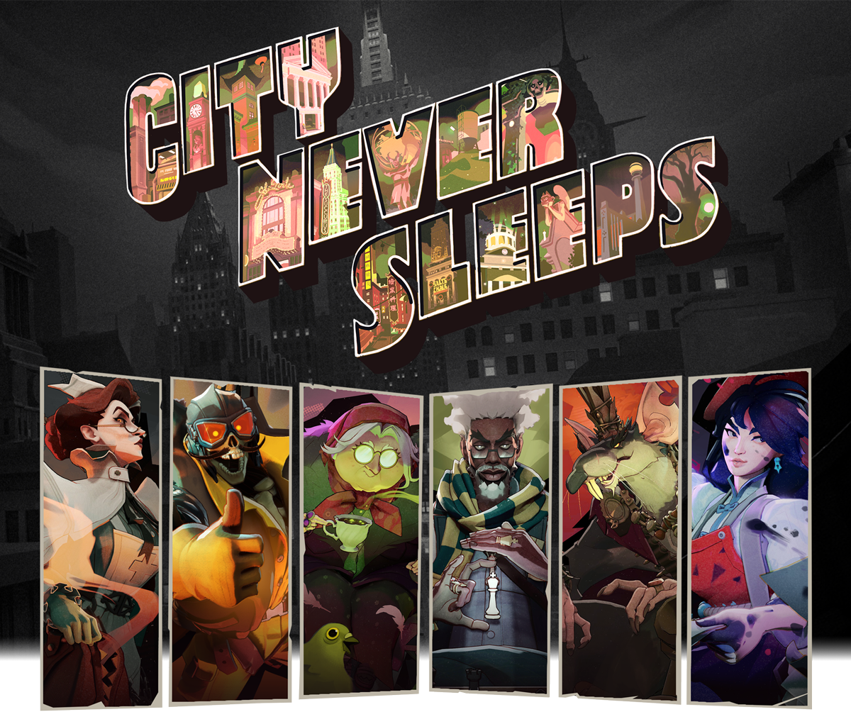 City Never Sleeps key art showing portraits of the six new Deadlock heroes under the update logo