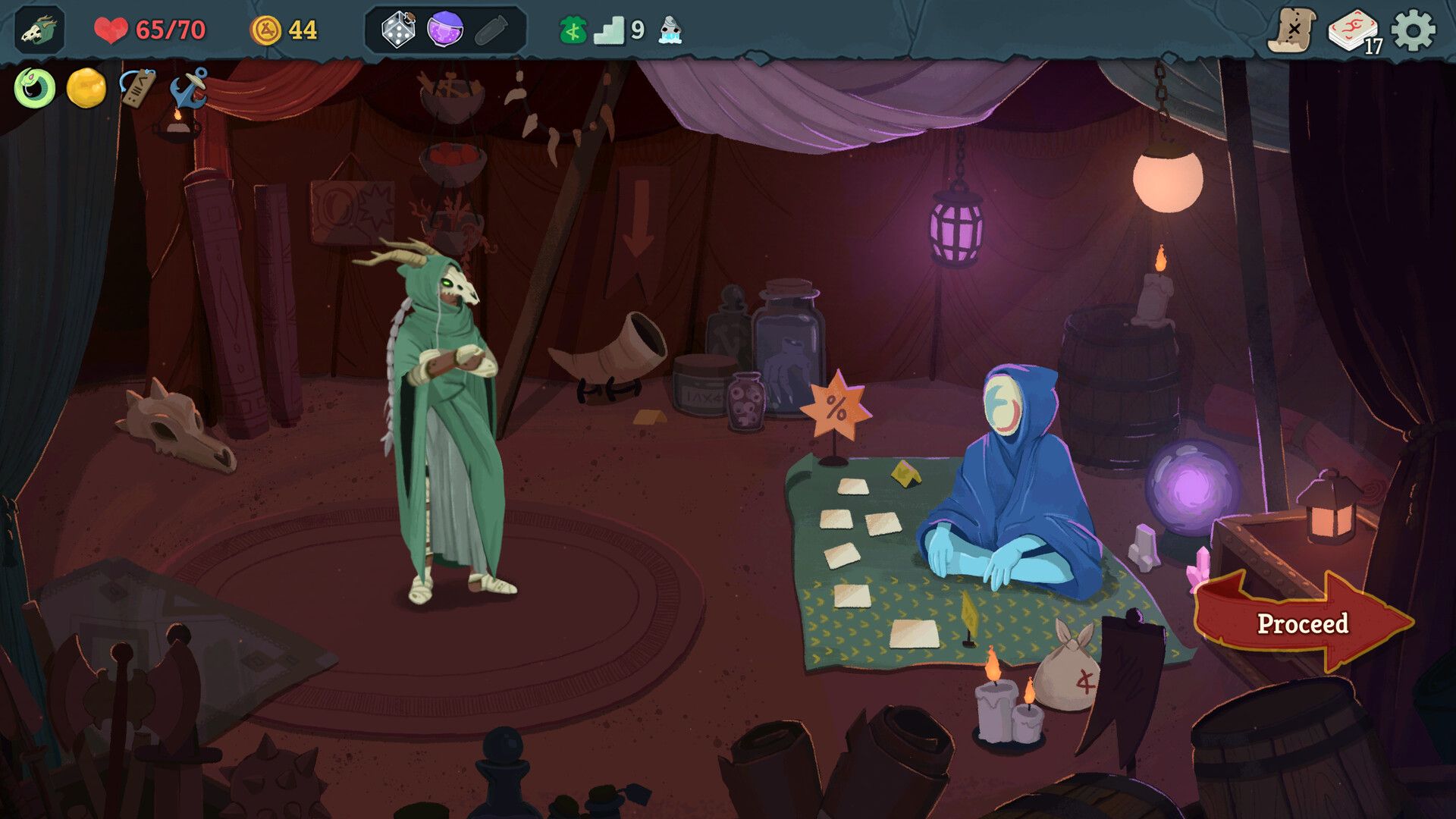 A hooded merchant sits on a rug of cards in a candlelit tent while a robed character with antlers waits beside him