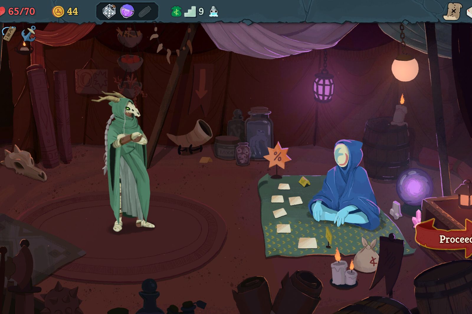 A hooded merchant sits on a rug of cards in a candlelit tent while a robed character with antlers waits beside him