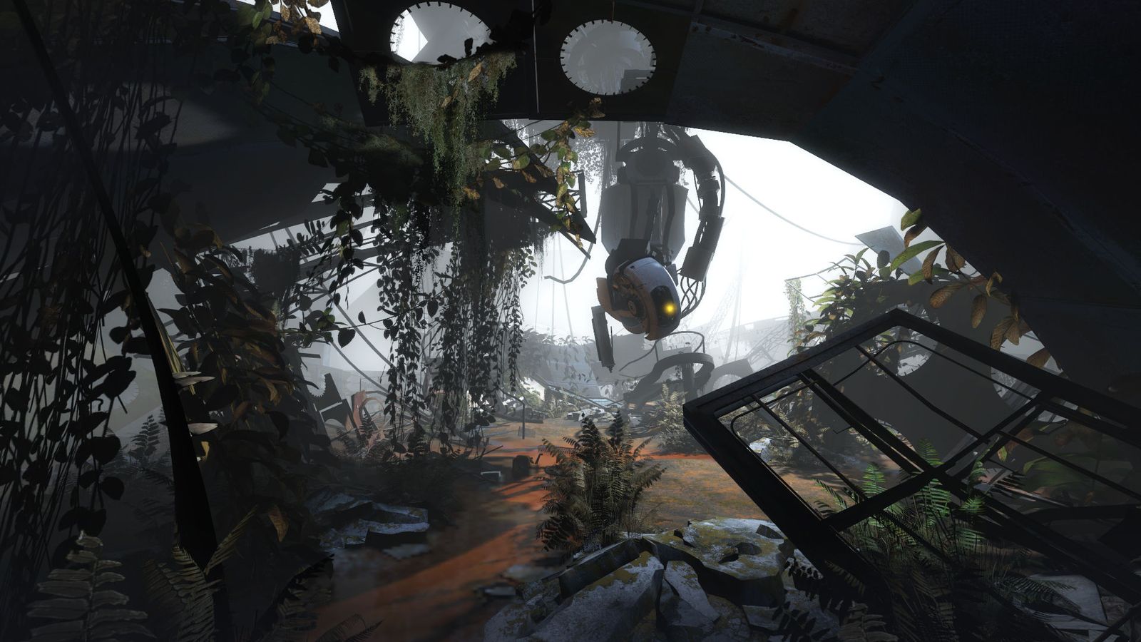 Portal 2 screenshot of an overgrown, partly collapsed test chamber with a large robotic overseer hanging from the ceiling