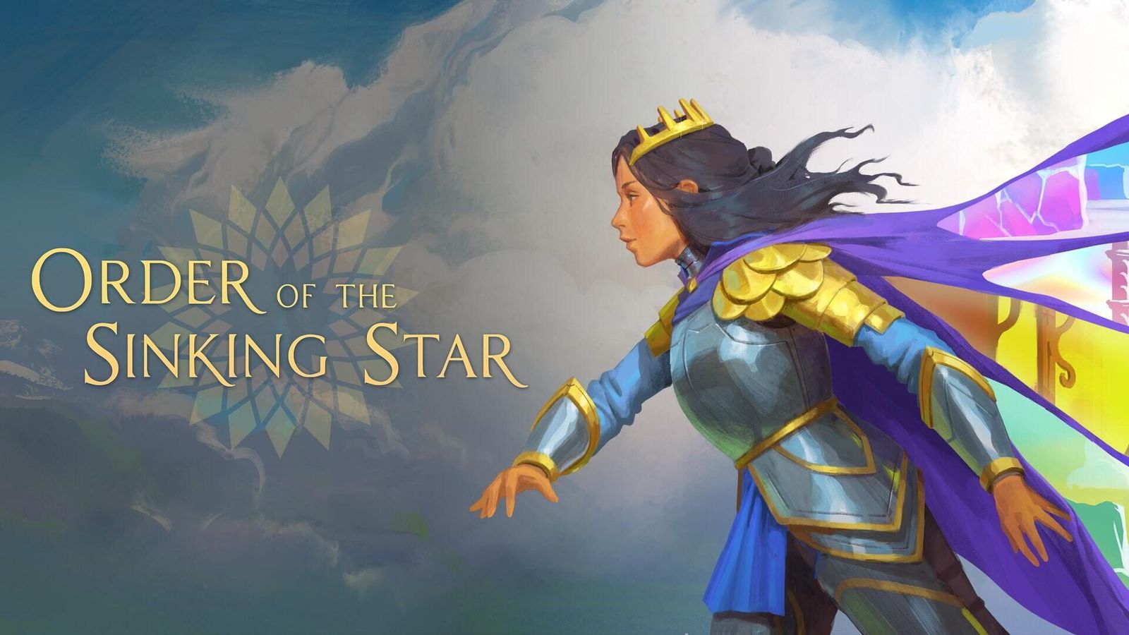 Key art of a crowned woman in silver armour and a purple cape beside the Order of the Sinking Star logo