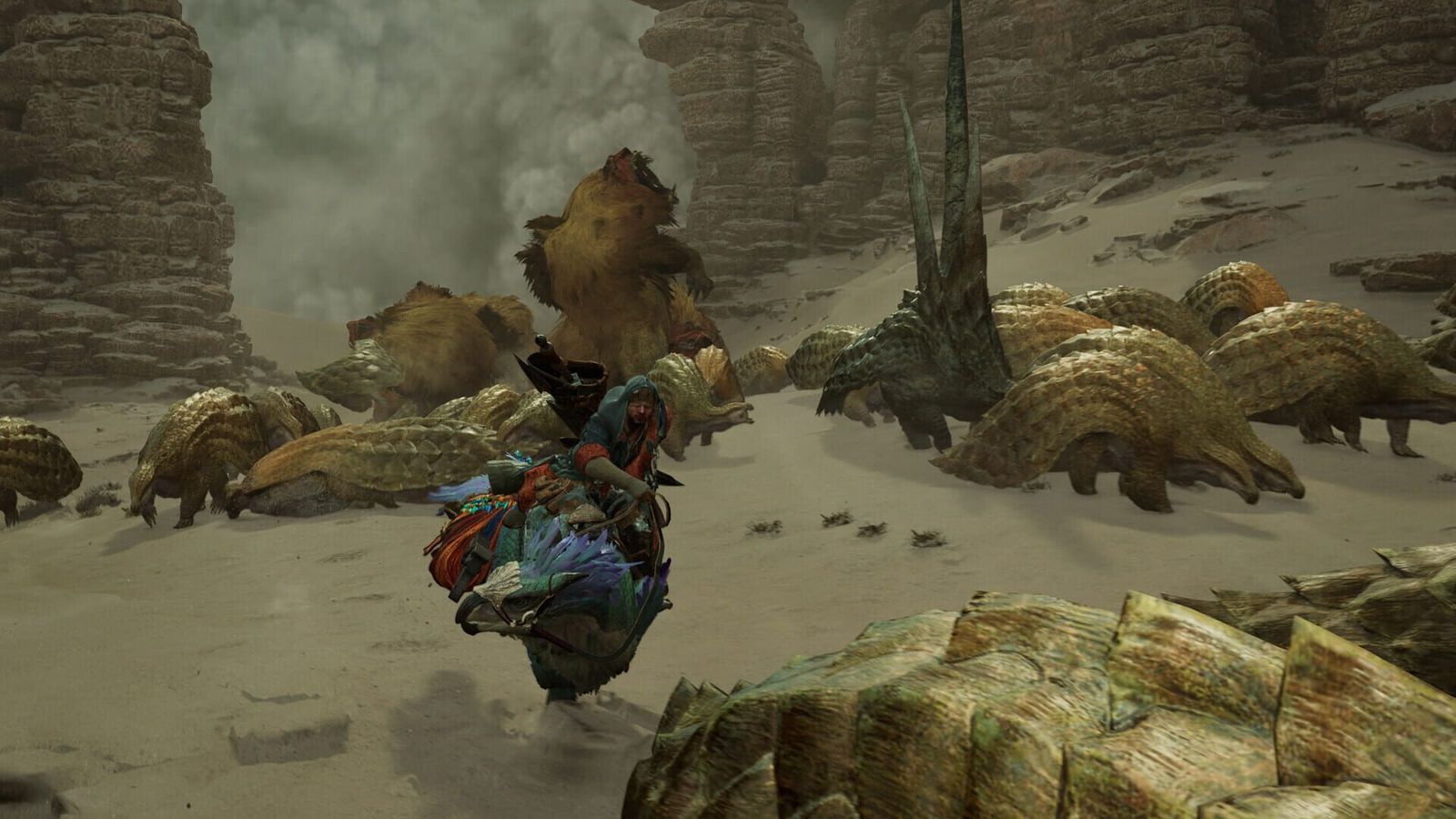 A hunter on a Seikret riding between two groups of monsters near rock formations