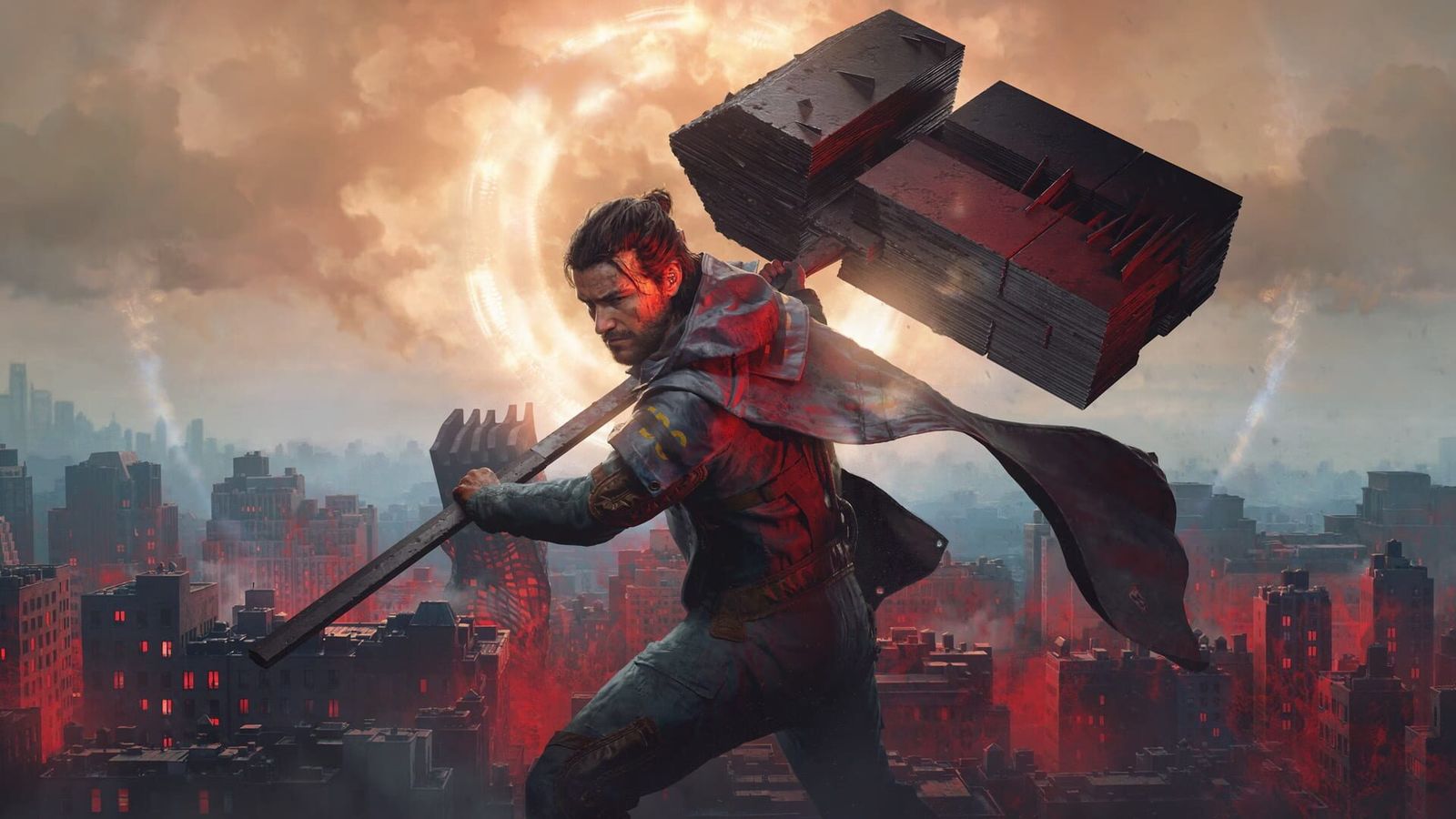 Dylan Faden swings a huge block-shaped hammer over a ruined, red-lit city skyline