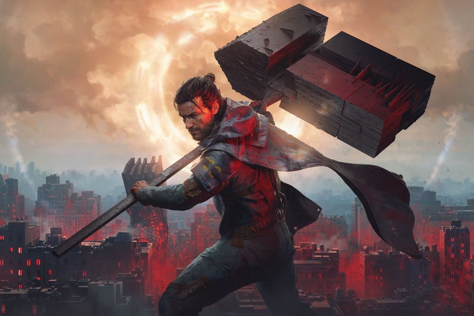 Dylan Faden swings a huge block-shaped hammer over a ruined, red-lit city skyline