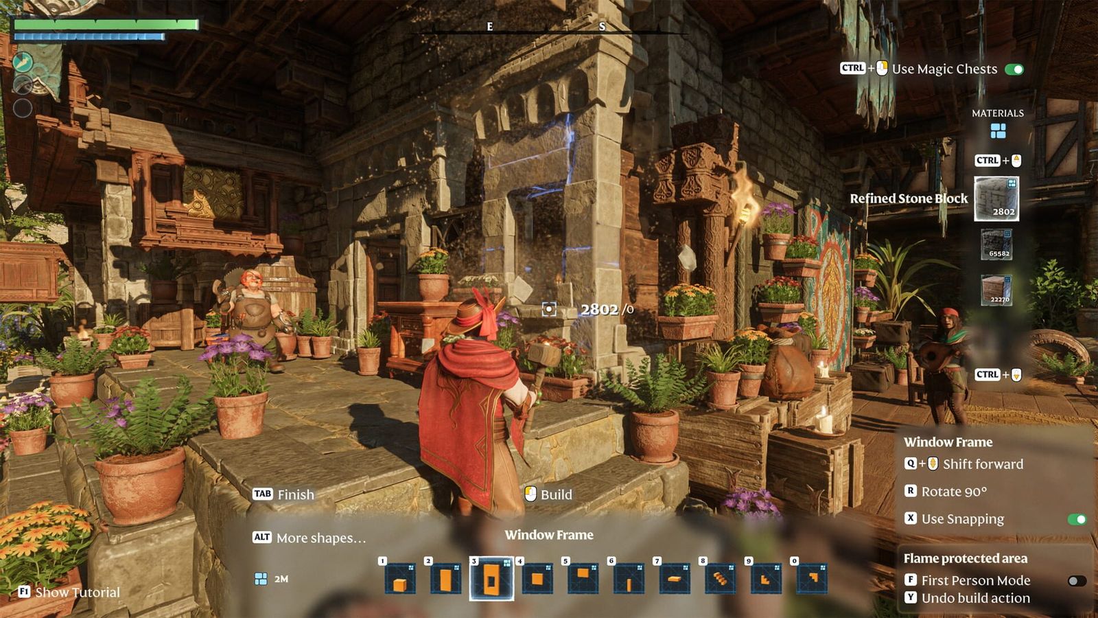 An Enshrouded character in a red hood builds a stone house with window frames, potted plants and the building menu open
