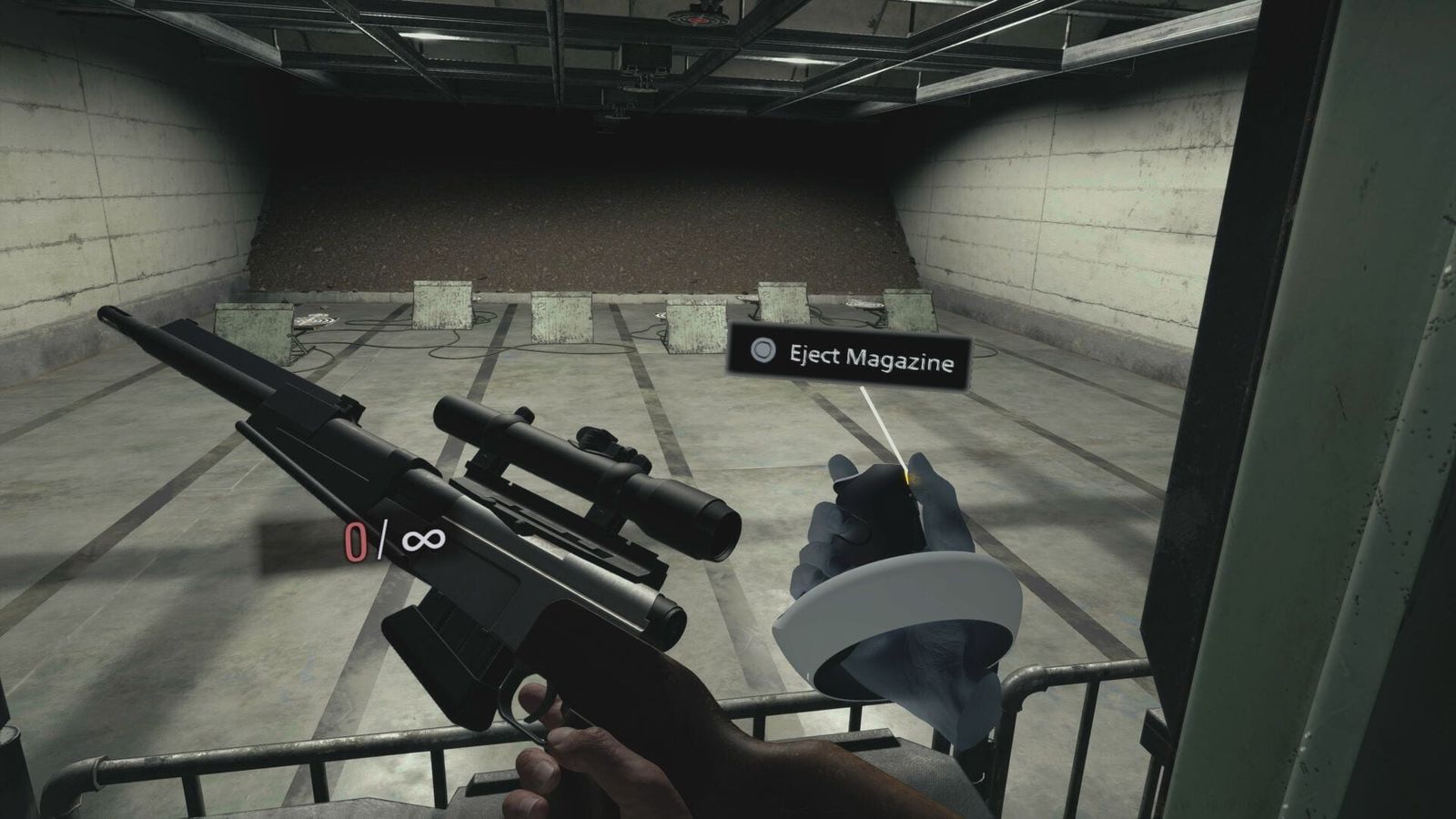 Shooting range tutorial showing the Eject Magazine prompt in Resident Evil Village VR Mode