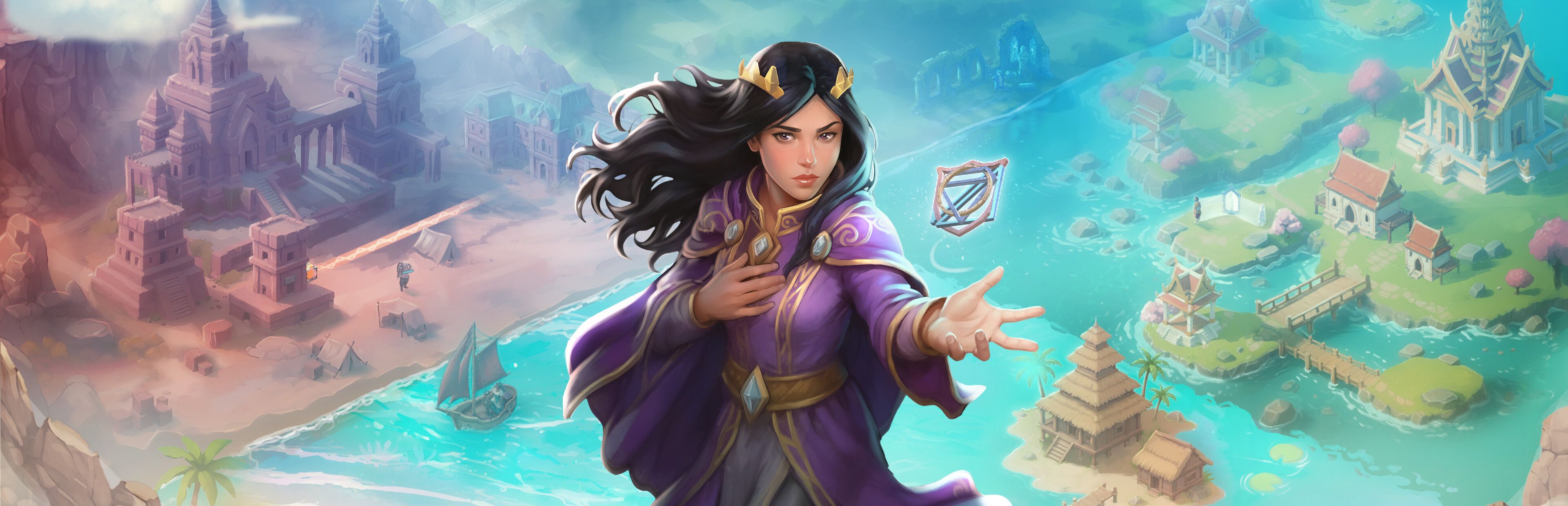 A dark-haired heroine in a purple cloak and gold circlet in front of a coastline of temples and islands