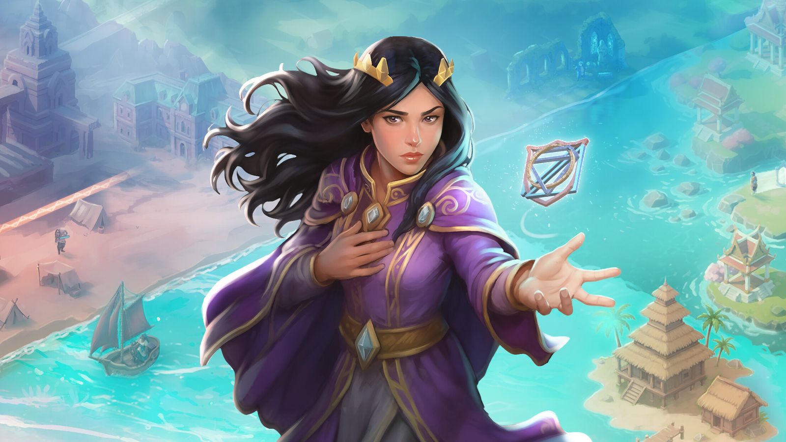 A dark-haired heroine in a purple cloak and gold circlet in front of a coastline of temples and islands
