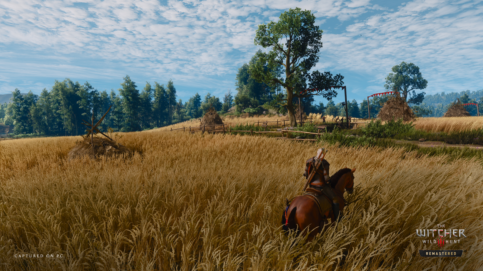 A wide landscape of hills, forest and a river under a cloudy sky in The Witcher 3 Remastered