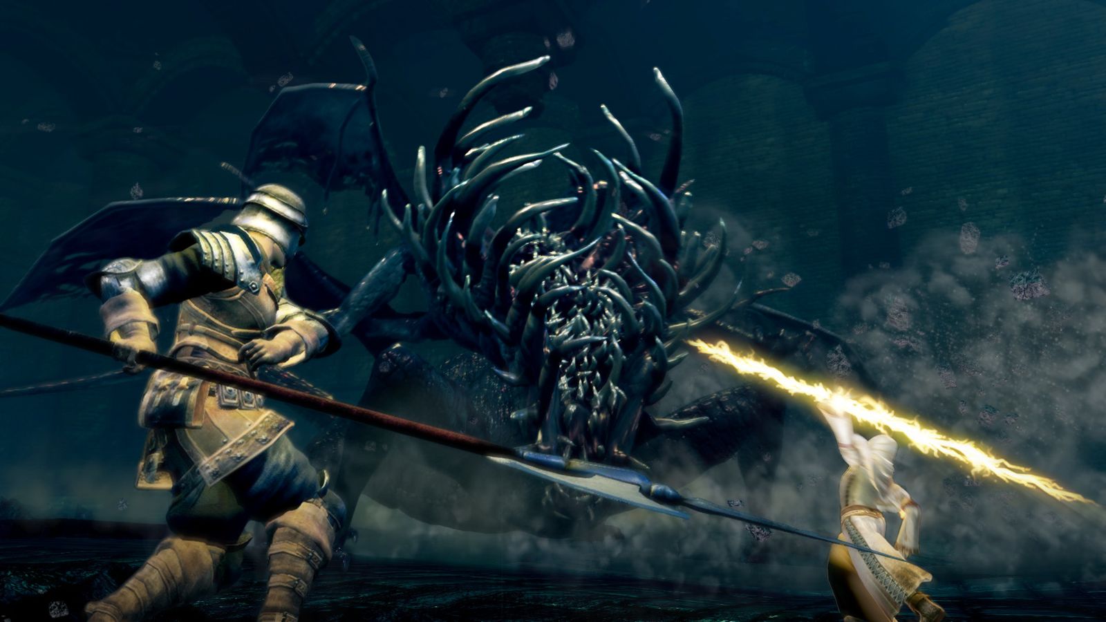Two armoured players fight a huge dark creature with many limbs, one throwing a bolt of yellow lightning