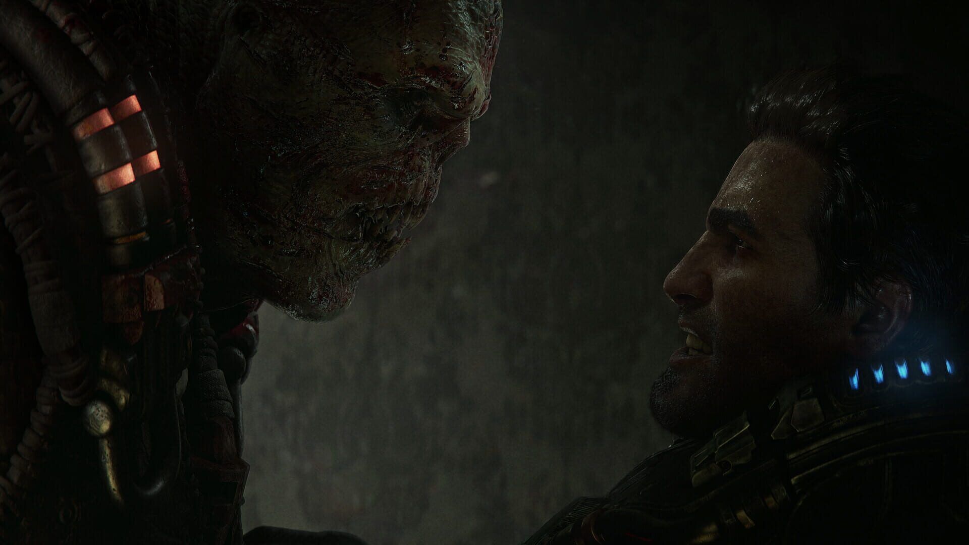 A scarred Locust looms over a COG soldier in a dark tunnel in Gears of War: E-Day