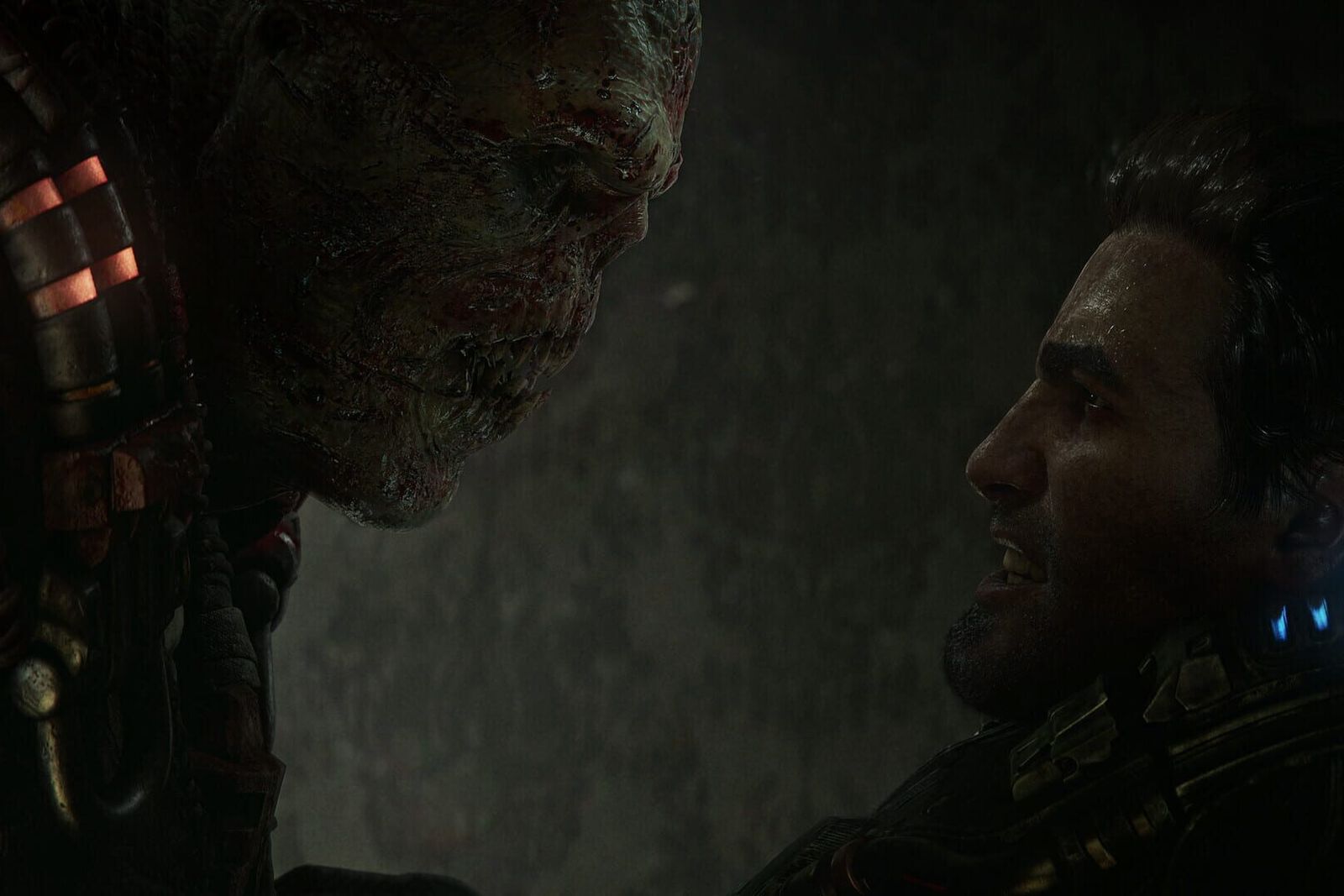 A scarred Locust looms over a COG soldier in a dark tunnel in Gears of War: E-Day