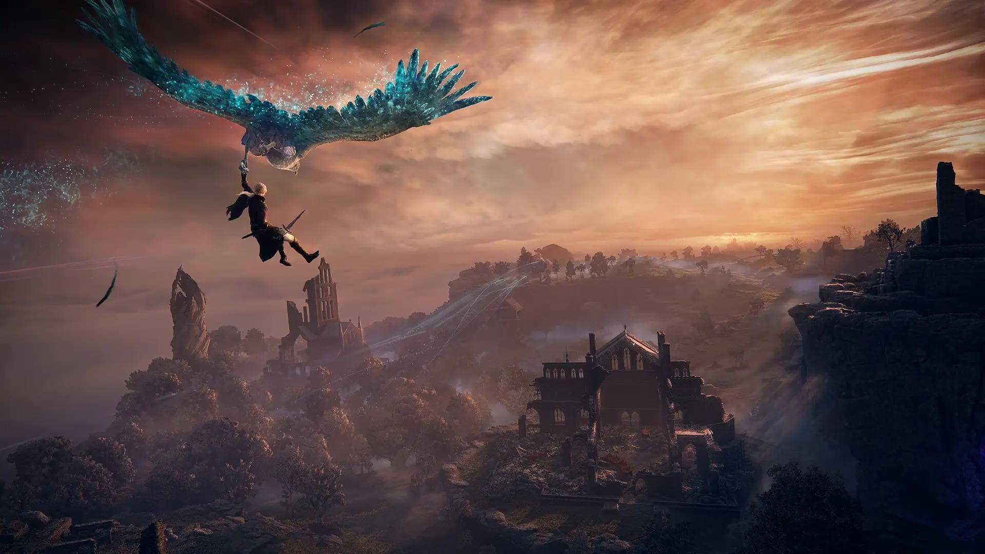 A Nightfarer rides a spirit hawk over misty ruins in Elden Ring Nightreign