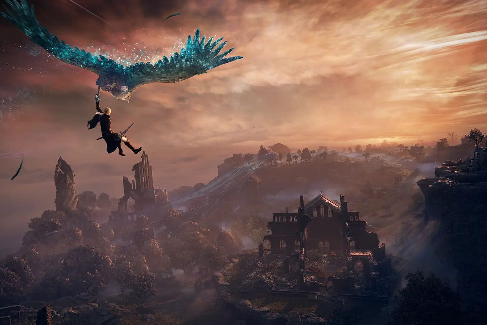 A Nightfarer rides a spirit hawk over misty ruins in Elden Ring Nightreign