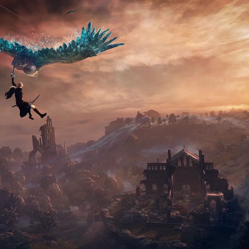 A Nightfarer rides a spirit hawk over misty ruins in Elden Ring Nightreign