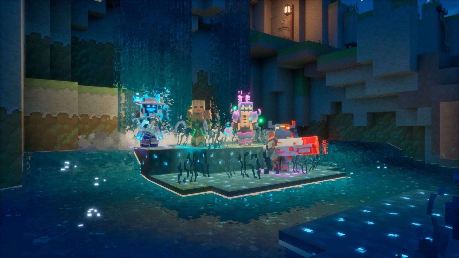 Four blocky heroes in armour standing on a glowing platform in a dark blue cave with water and stone walls